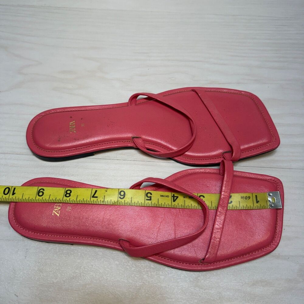 Zara‎ Flat Leather Womens Sandals Pink Square Size 38 Casual Slip on - Picture 7 of 8
